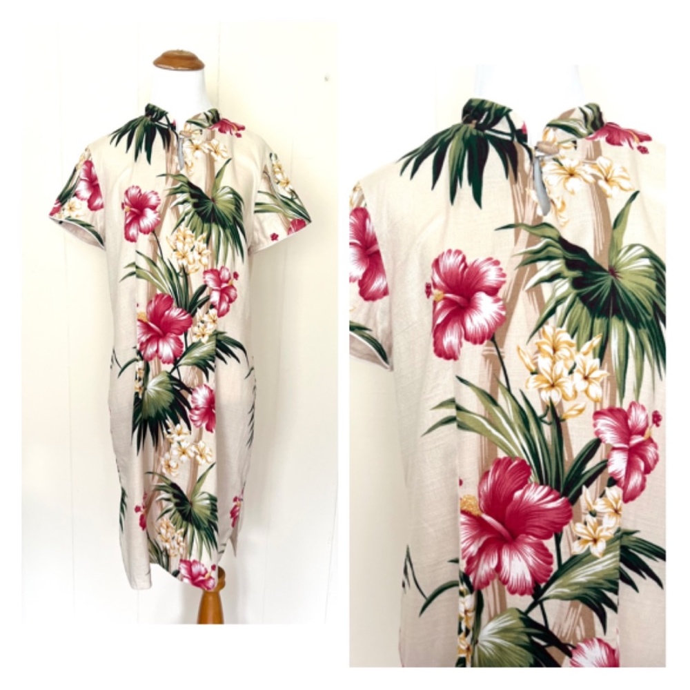 Vintage Pink Hibiscus & Green Palm Midi Dress